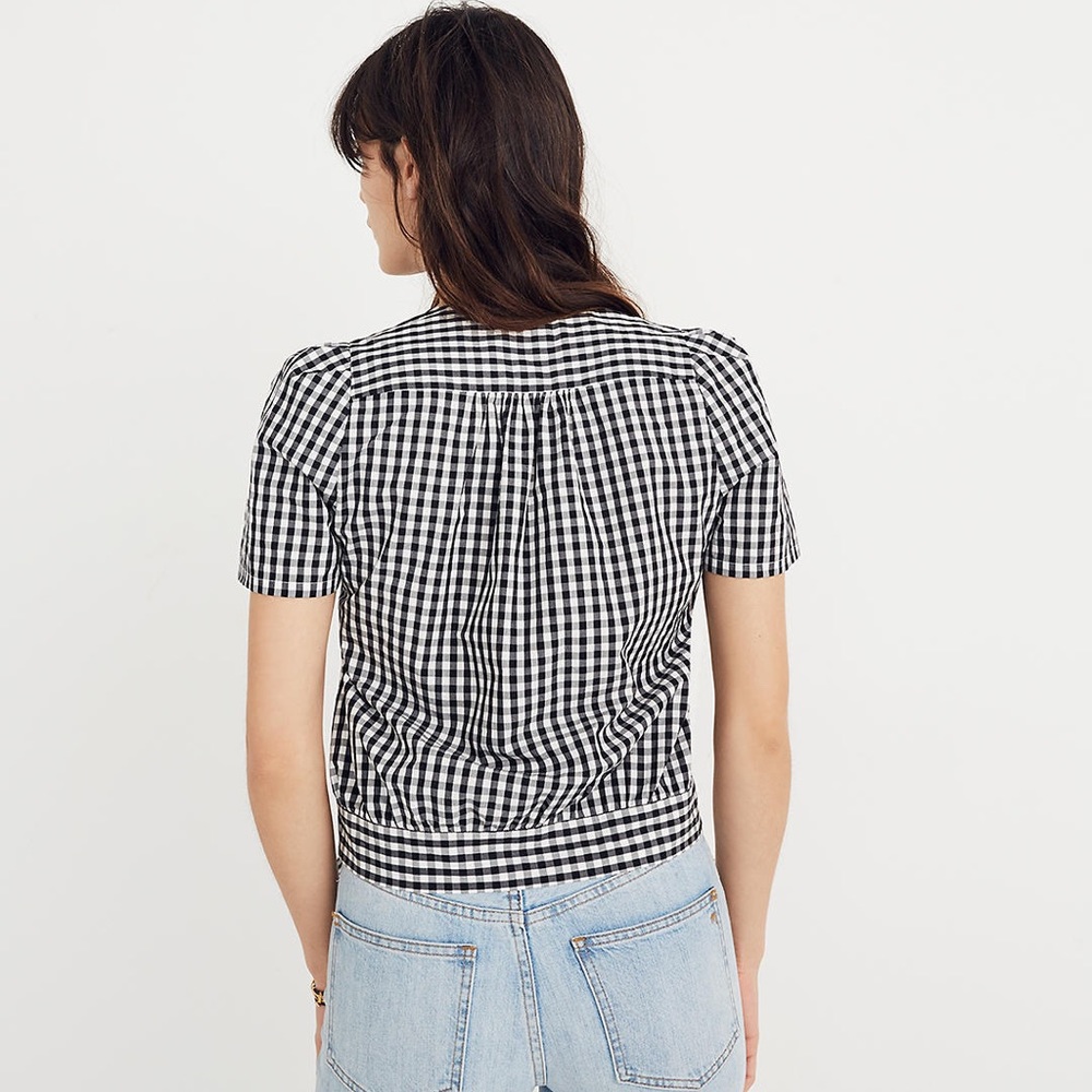 🌻 Madewell Short-Sleeve Cropped Wrap Top in Black/White Gingham Check - XS / M - Picture 3 of 10